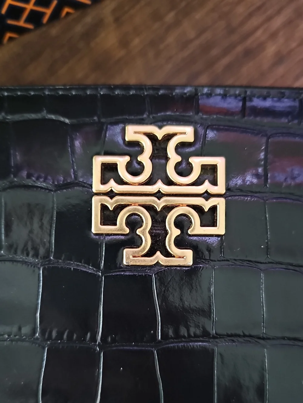 Tory Burch Black Croc-Embossed Zip Wallet with Gold Logo - Excellent Condition!